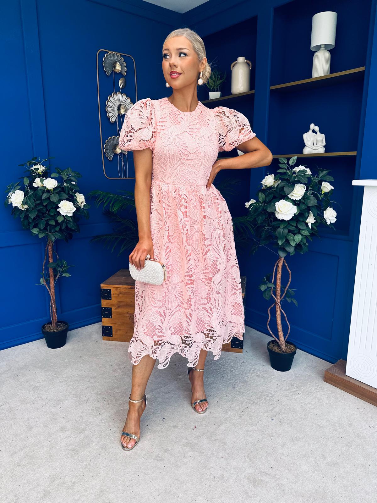 Marguerite Round Neck Puff Sleeve Midi Dress Pink Lace