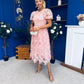 Marguerite Round Neck Puff Sleeve Midi Dress Pink Lace