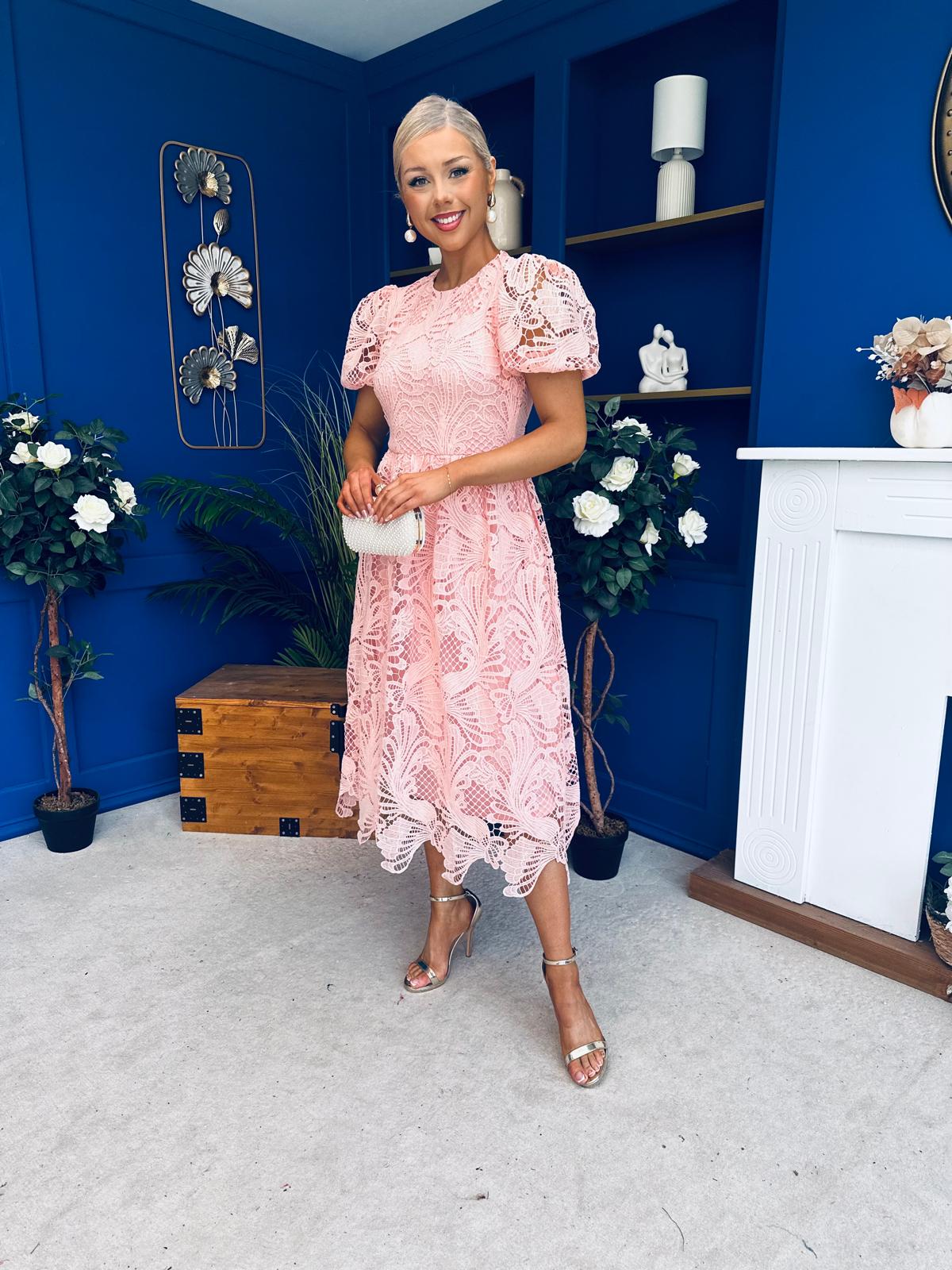 Marguerite Round Neck Puff Sleeve Midi Dress Pink Lace