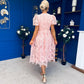Marguerite Round Neck Puff Sleeve Midi Dress Pink Lace
