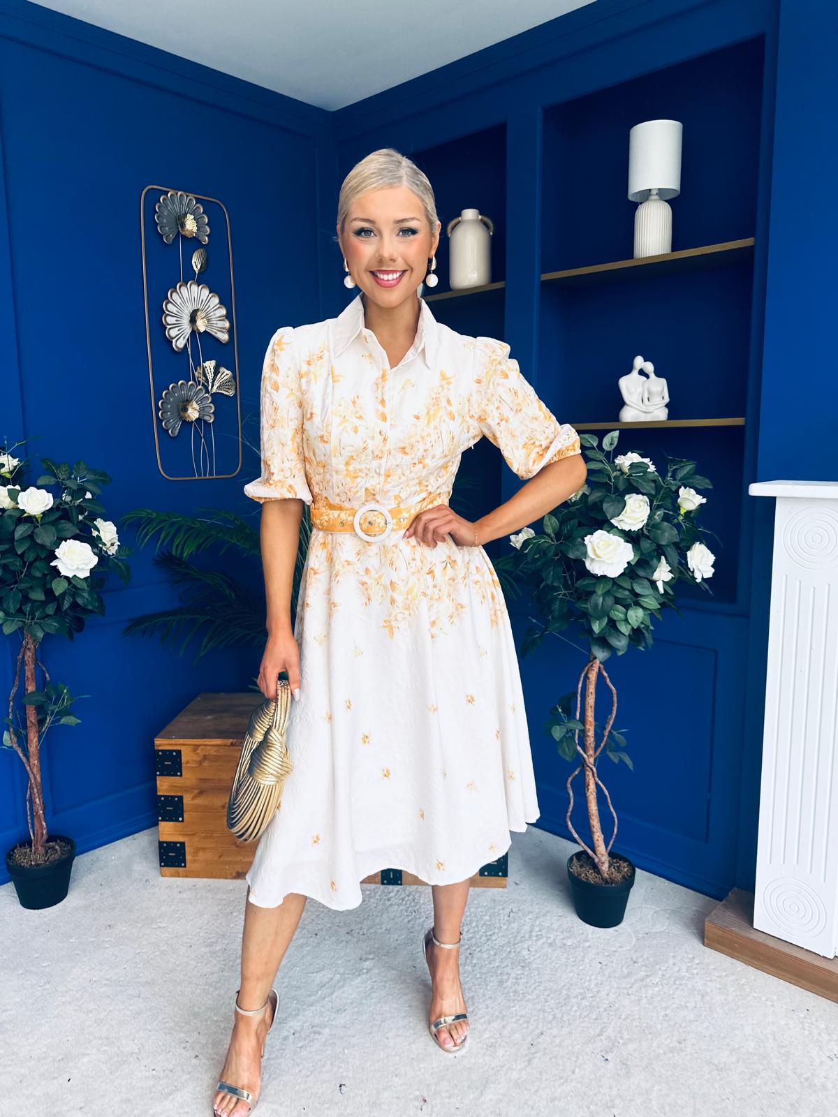 Holland Collar Midi Dress Cream & Yellow