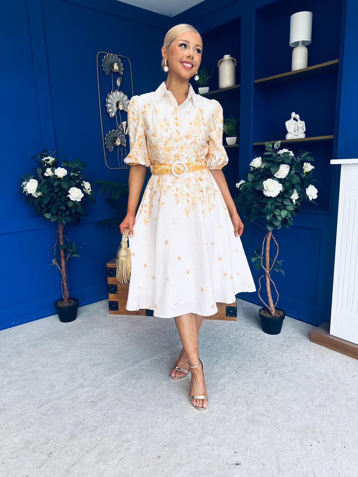 Holland Collar Midi Dress Cream & Yellow