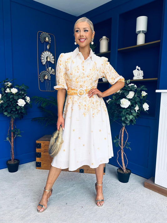 Holland Collar Midi Dress Cream & Yellow