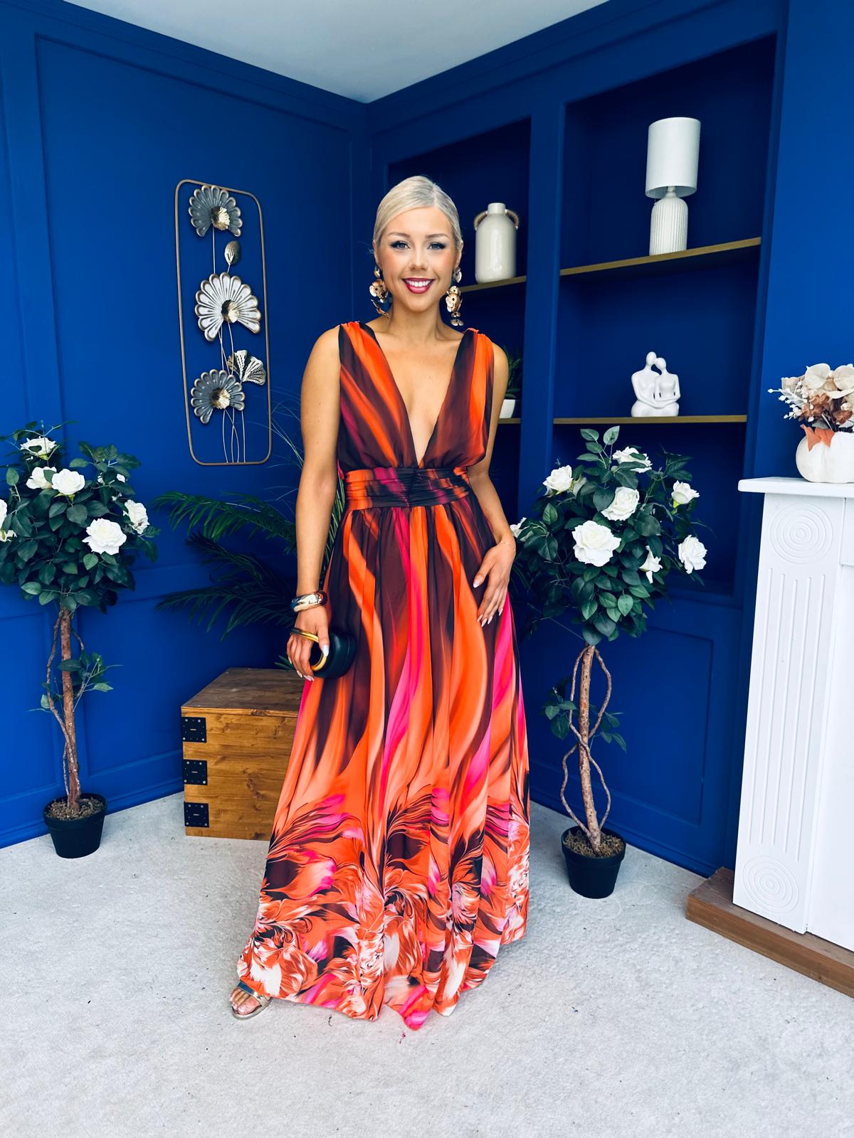 Aifric Plunge Neck Maxi Dress Amber