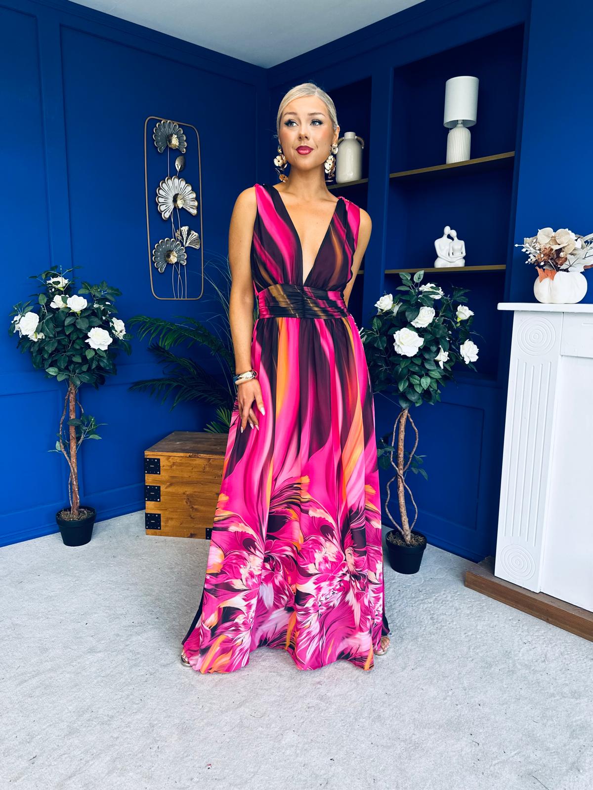 Aifric Plunge Neck Maxi Dress Fuchsia