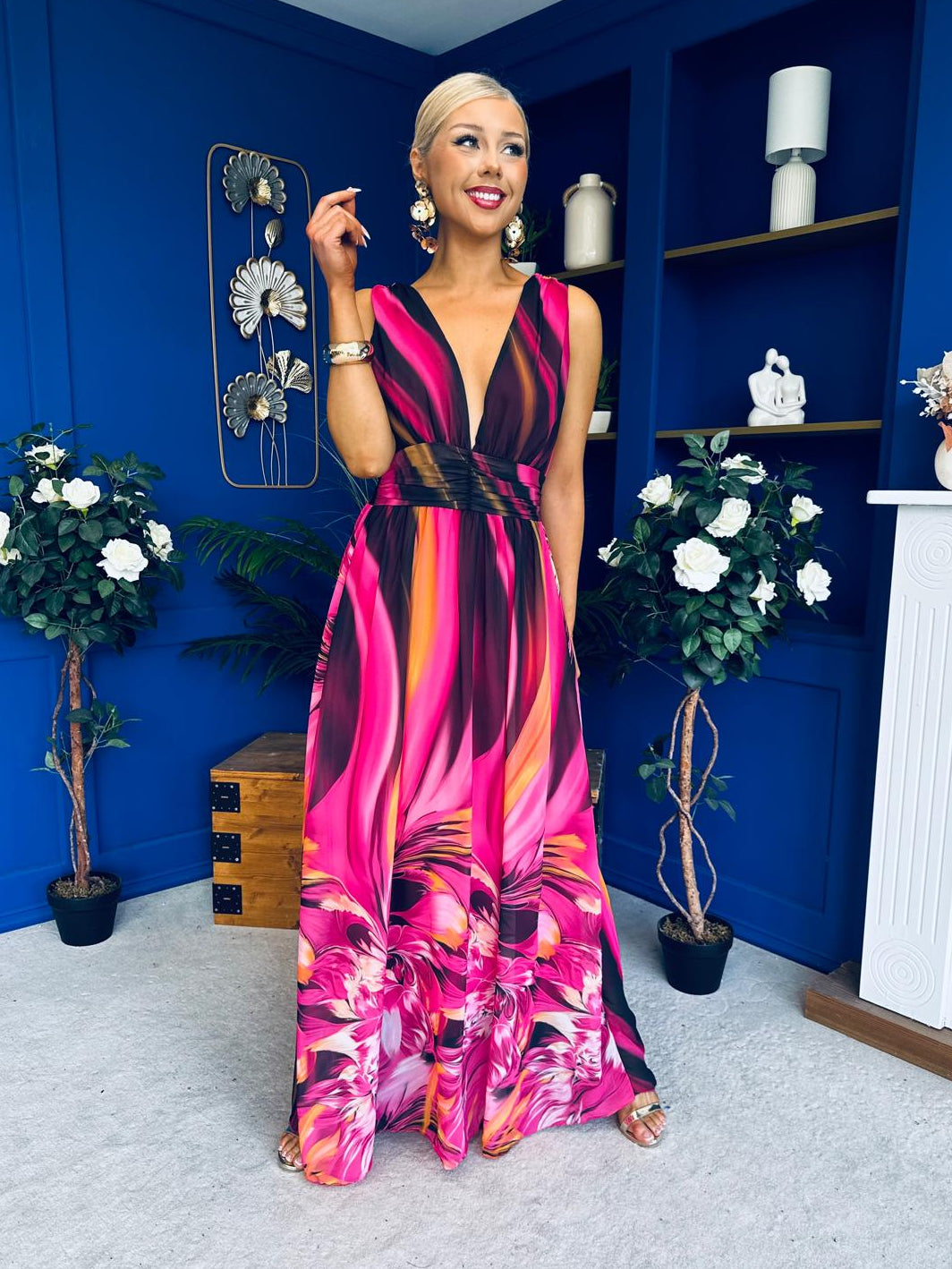 Aifric Plunge Neck Maxi Dress Fuchsia