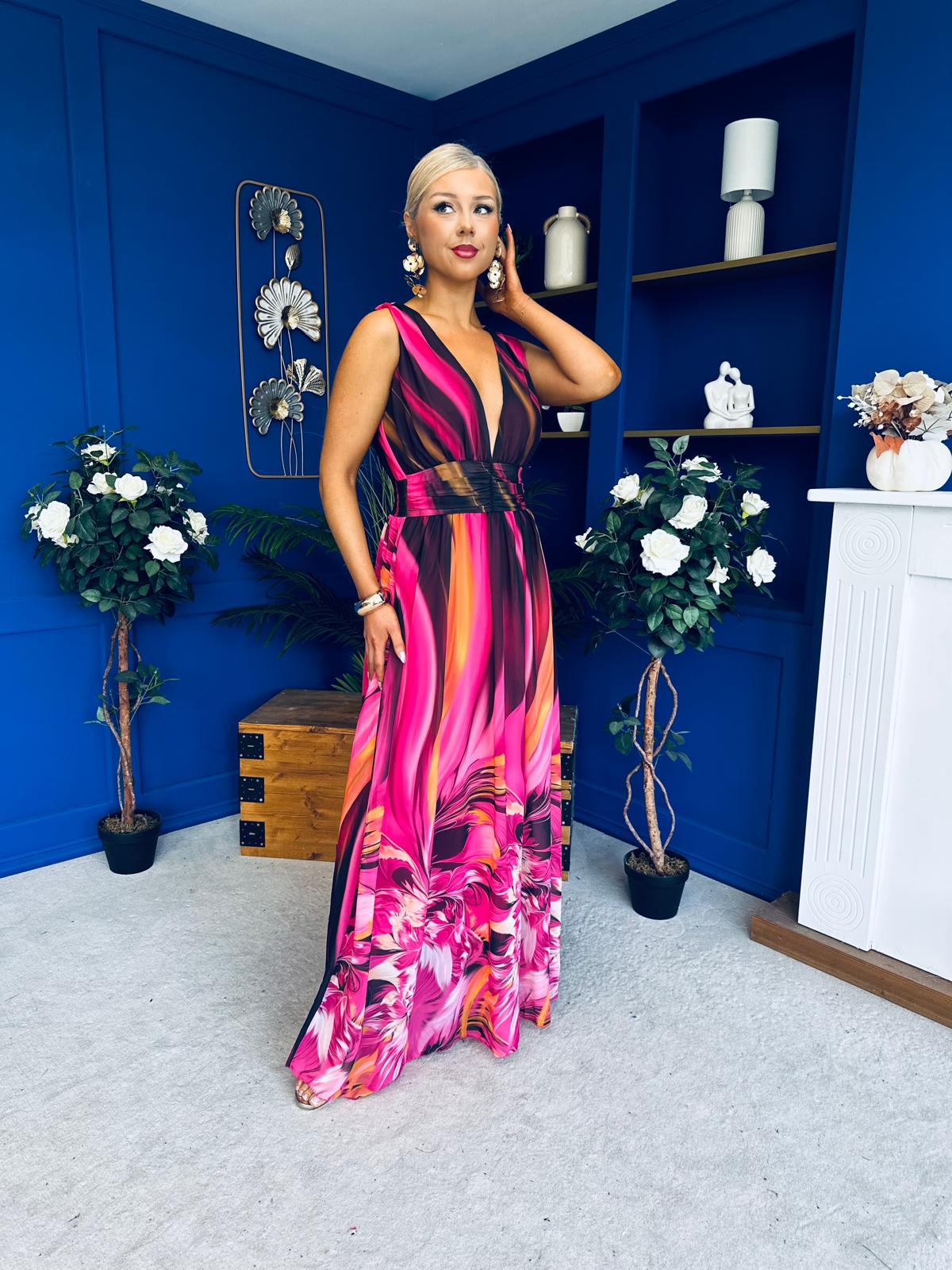 Aifric Plunge Neck Maxi Dress Fuchsia