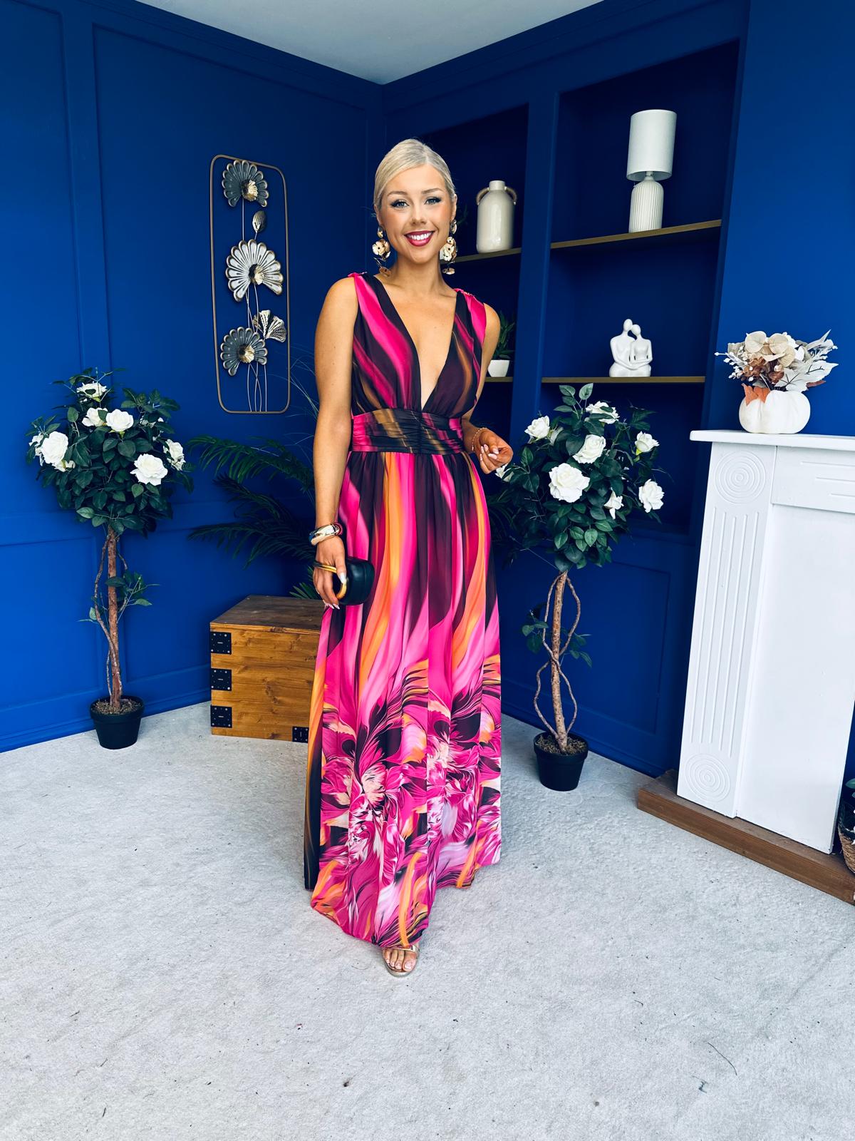 Aifric Plunge Neck Maxi Dress Fuchsia