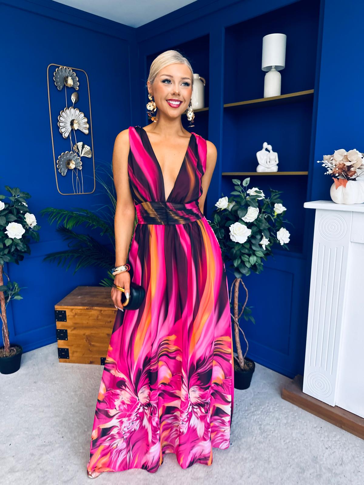Aifric Plunge Neck Maxi Dress Fuchsia