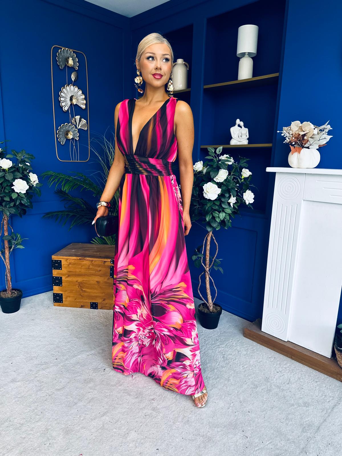 Aifric Plunge Neck Maxi Dress Fuchsia
