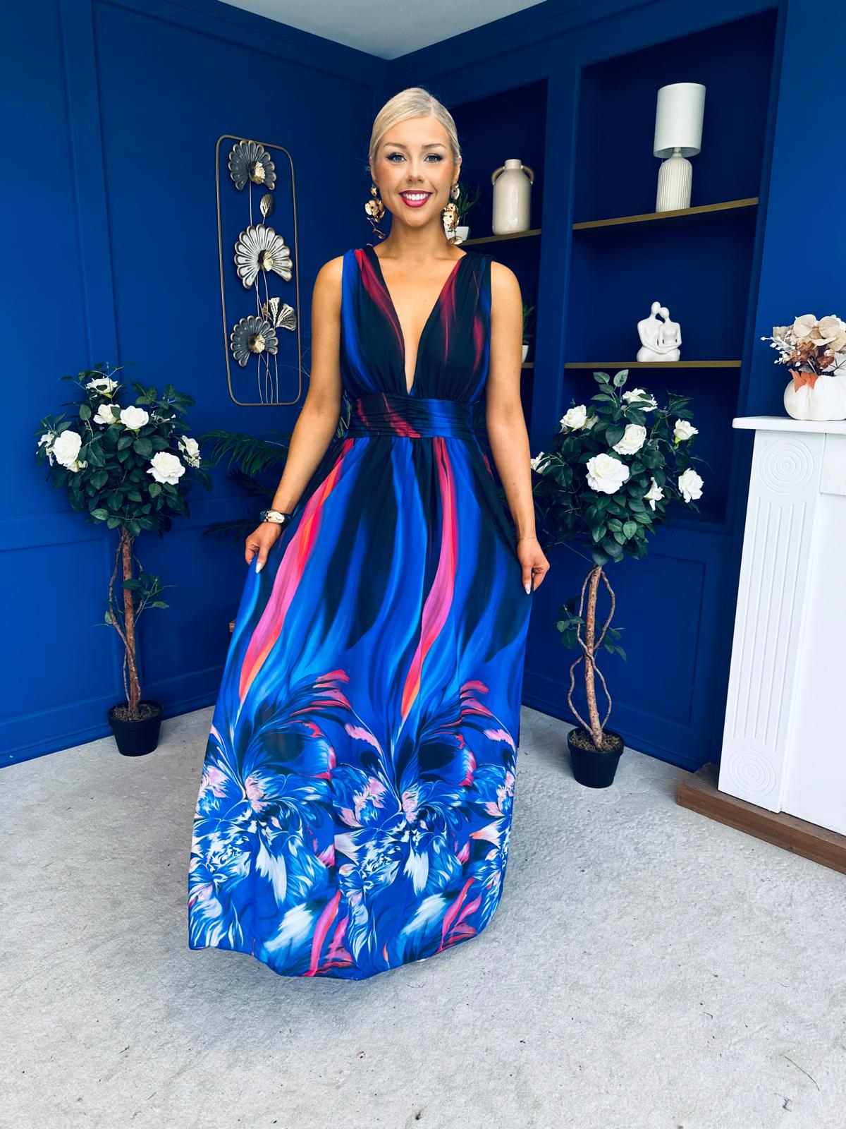 Aifric Plunge Neck Maxi Dress Blue
