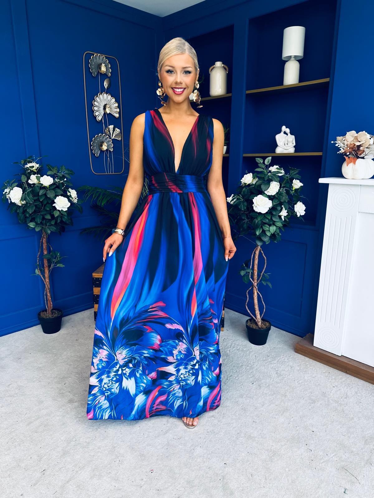 Aifric Plunge Neck Maxi Dress Blue