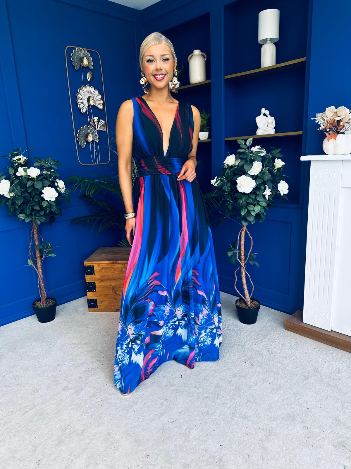 Aifric Plunge Neck Maxi Dress Blue