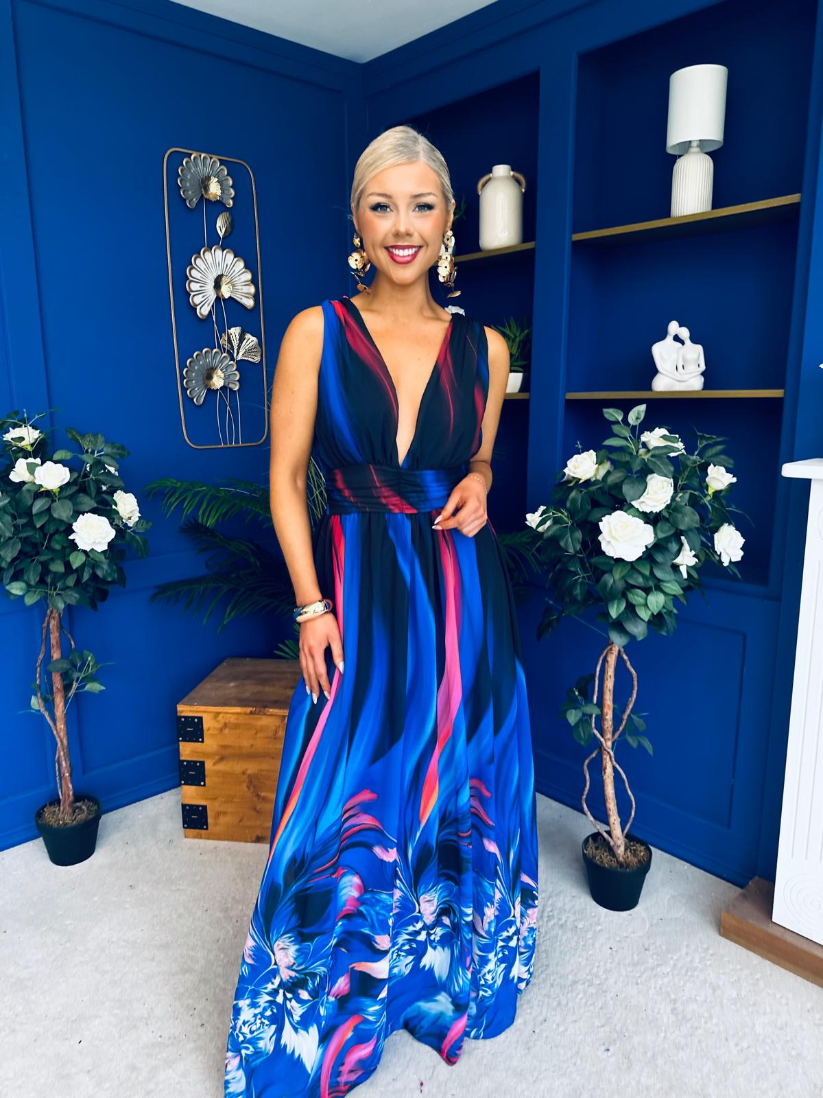 Aifric Plunge Neck Maxi Dress Blue