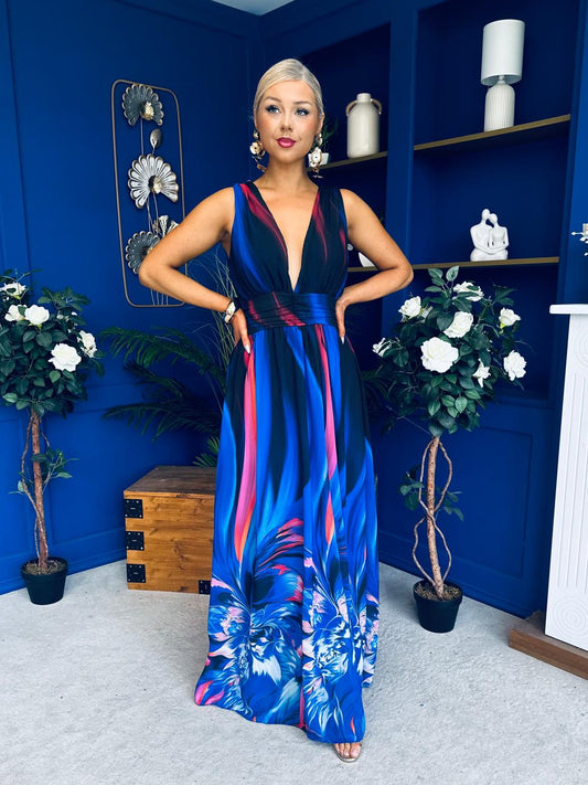 Aifric Plunge Neck Maxi Dress Blue