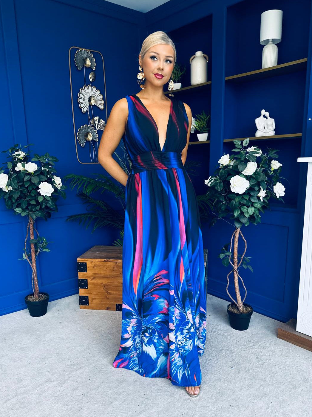 Aifric Plunge Neck Maxi Dress Blue