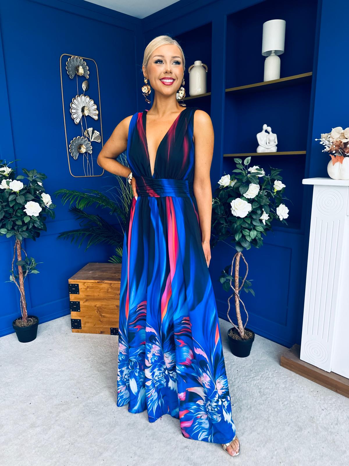 Aifric Plunge Neck Maxi Dress Blue