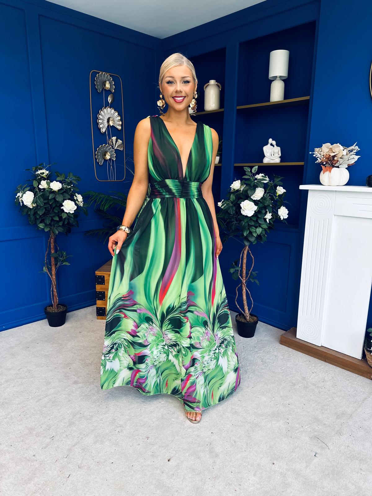Aifric Plunge Neck Maxi Dress Green