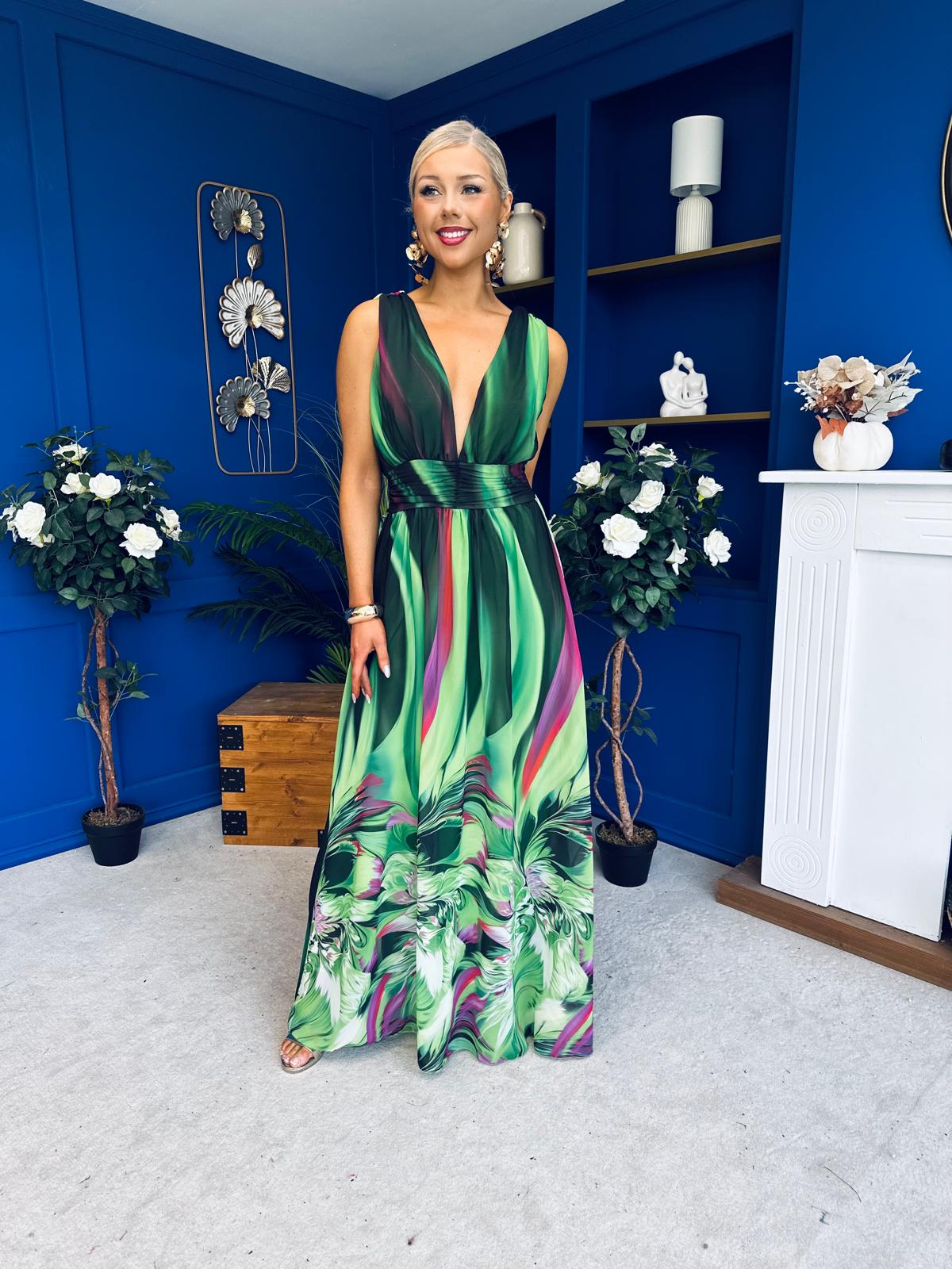 Aifric Plunge Neck Maxi Dress Green