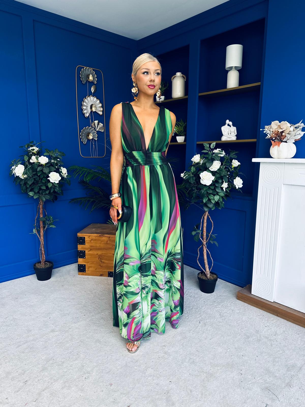 Aifric Plunge Neck Maxi Dress Green