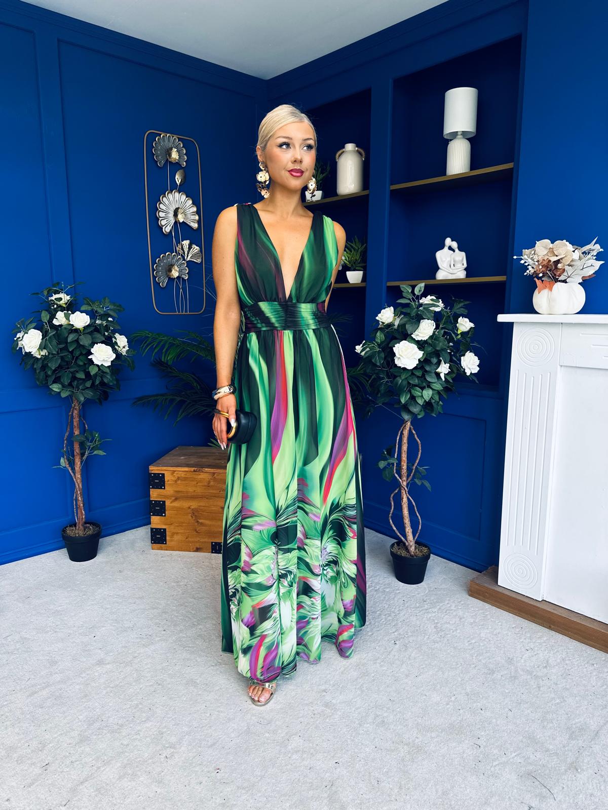 Aifric Plunge Neck Maxi Dress Green