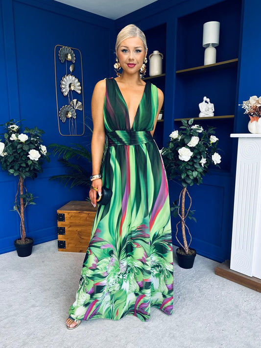 Aifric Plunge Neck Maxi Dress Green