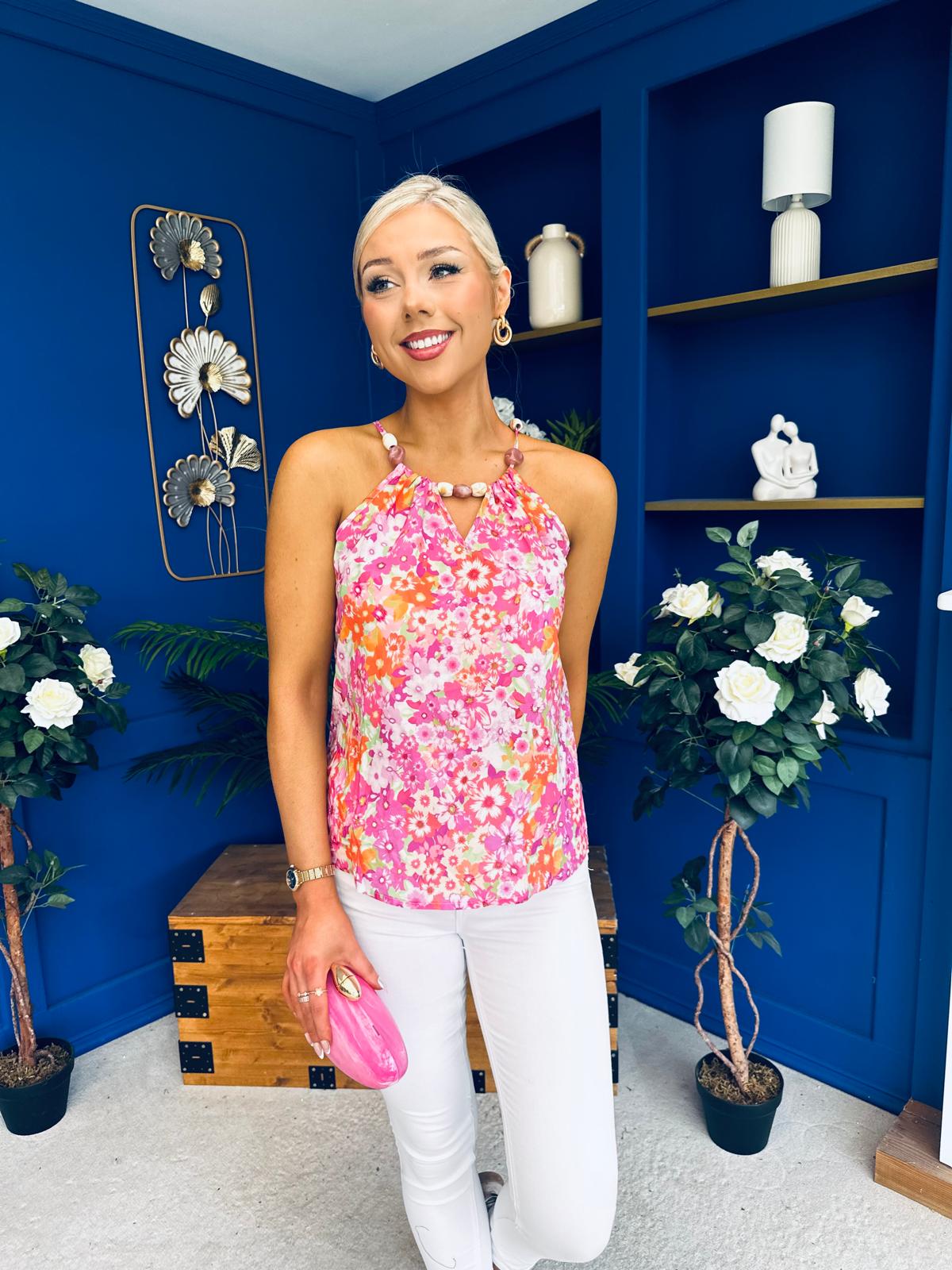 Judith Beaded Top Floral Pink