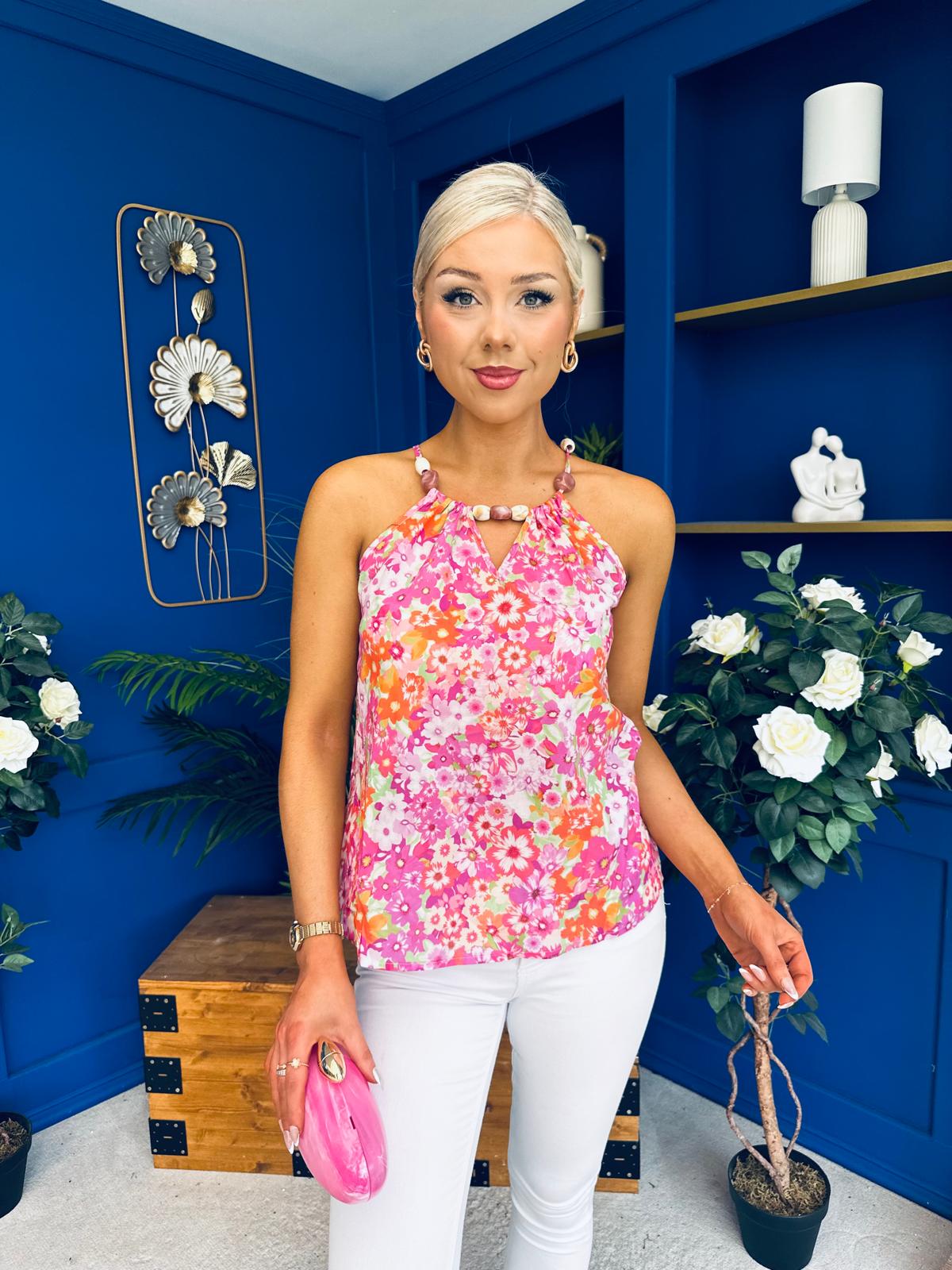 Judith Beaded Top Floral Pink