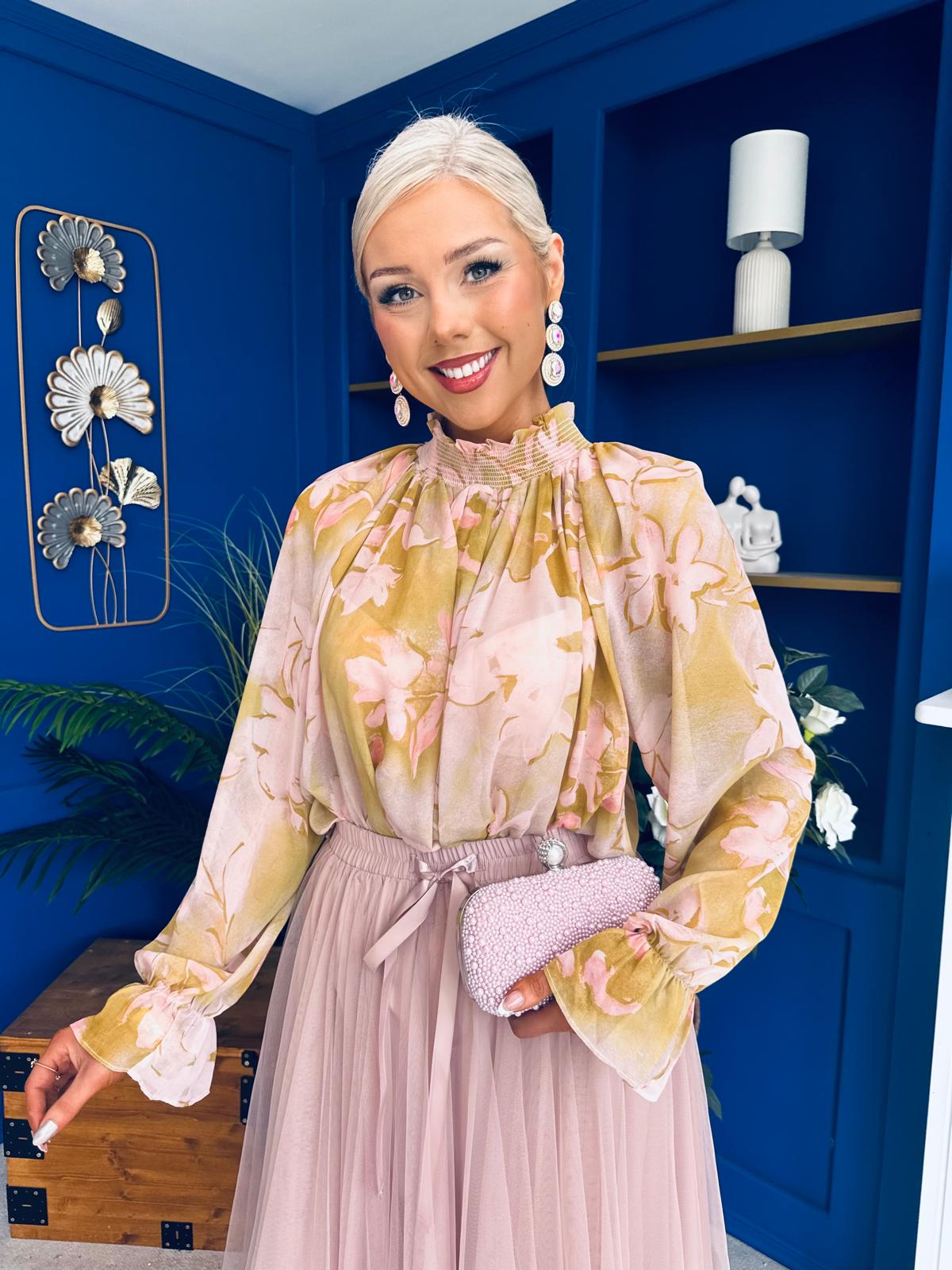 Alma High Neck Floral Top Pink / Sage