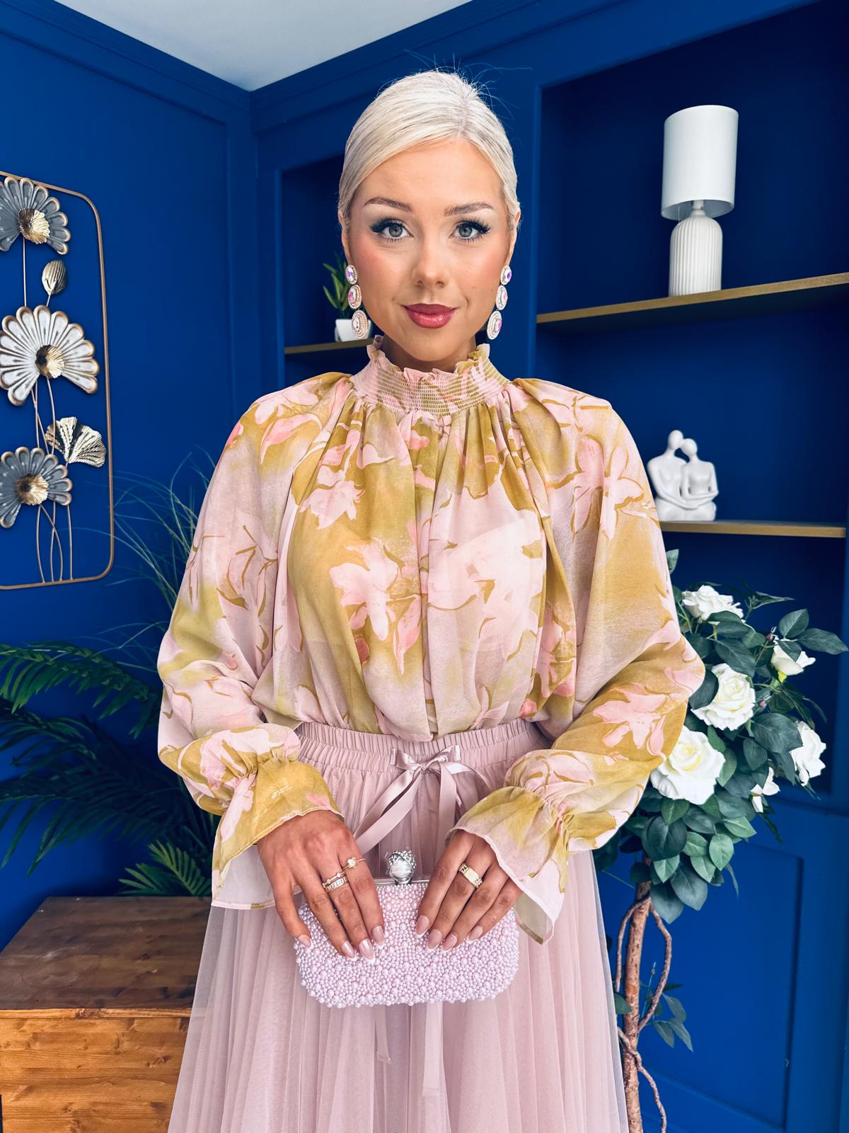 Alma High Neck Floral Top Pink / Sage