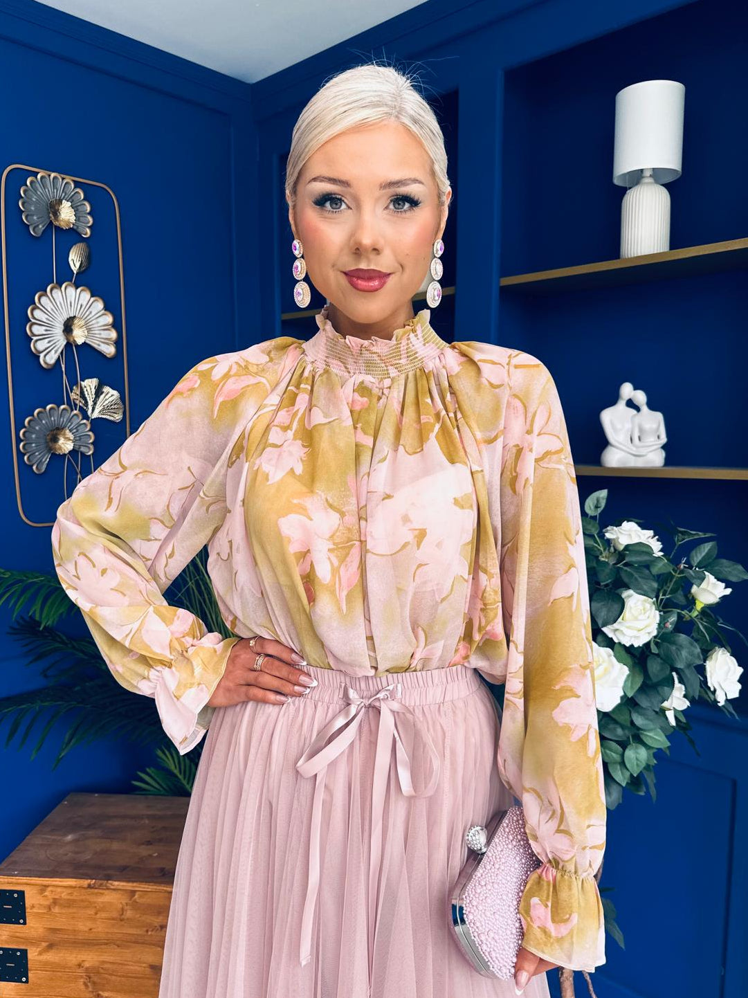 Alma High Neck Floral Top Pink / Sage