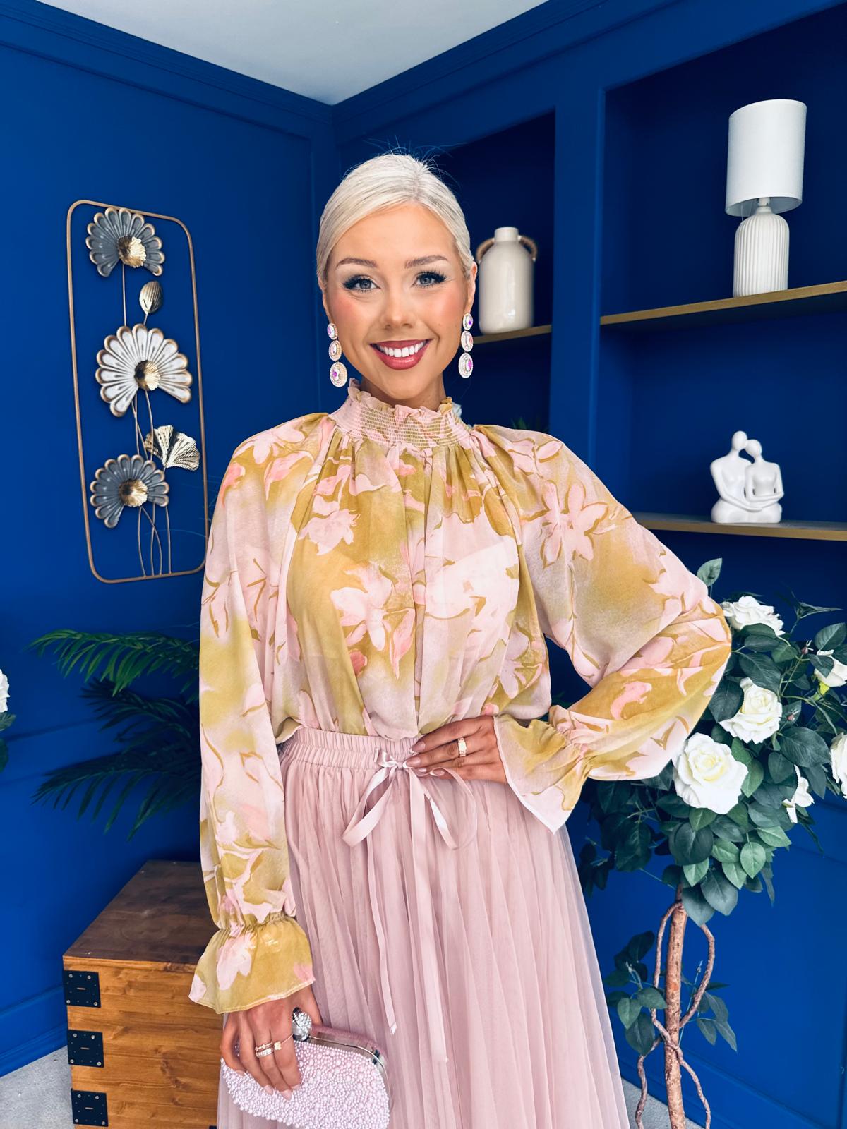 Alma High Neck Floral Top Pink / Sage