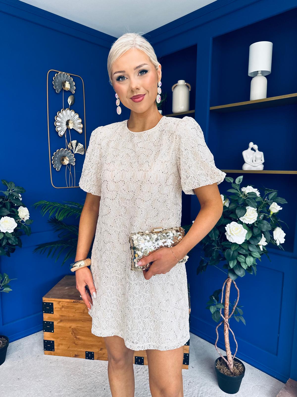 Frida Puff Sleeve Mini Dress Cream