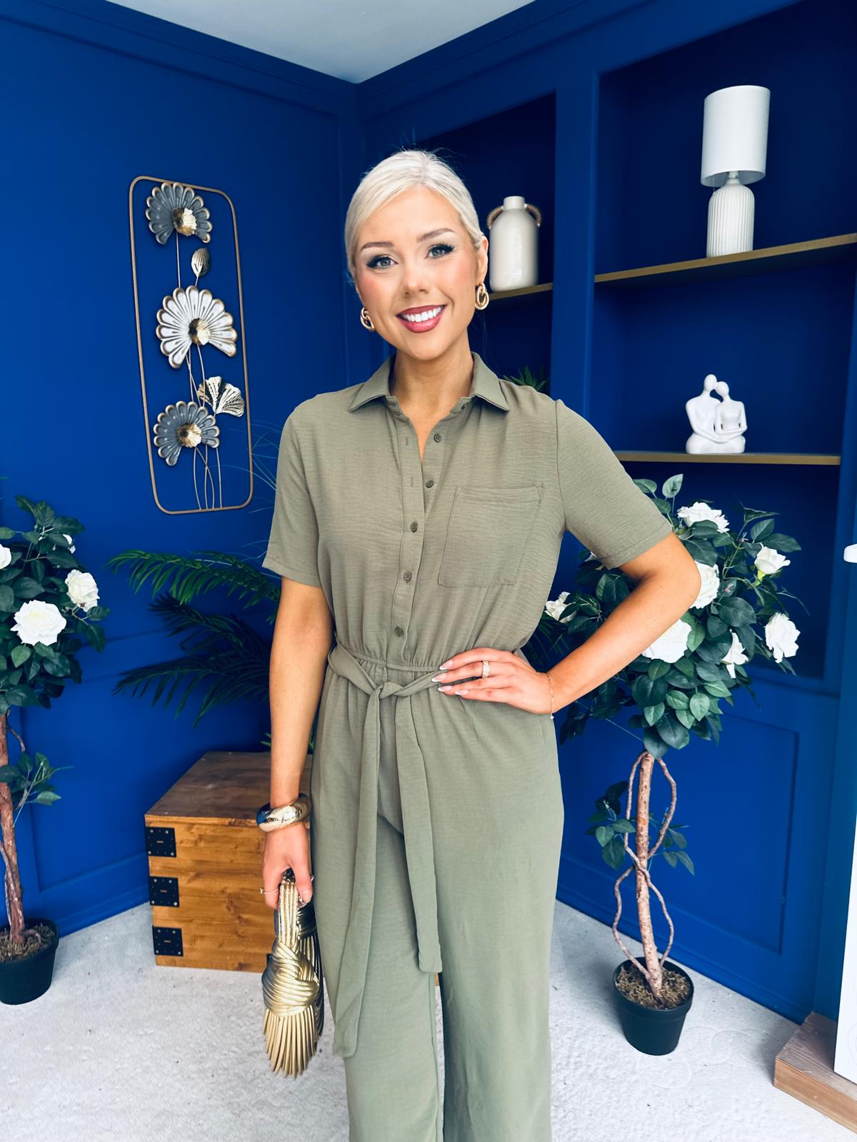 Daisy Short Sleeve Belted Jumpsuit Khaki