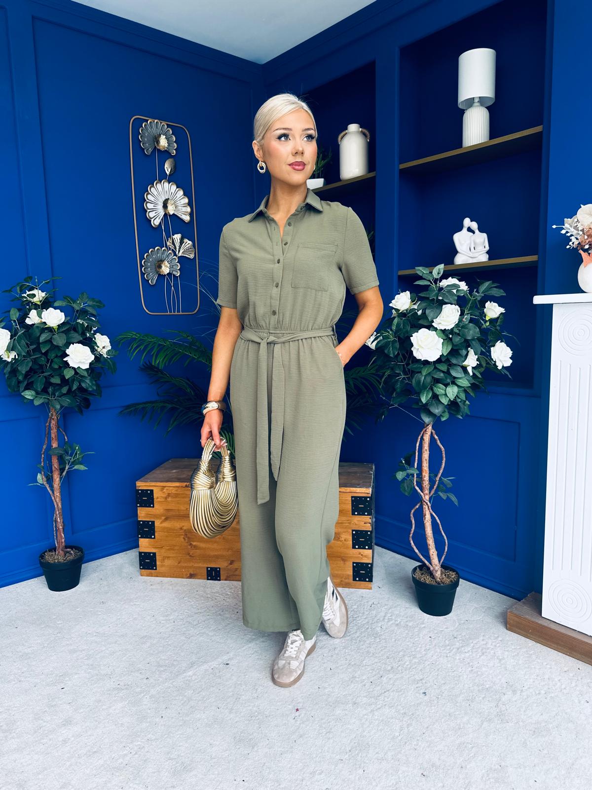 Daisy Short Sleeve Belted Jumpsuit Khaki