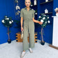 Daisy Short Sleeve Belted Jumpsuit Khaki