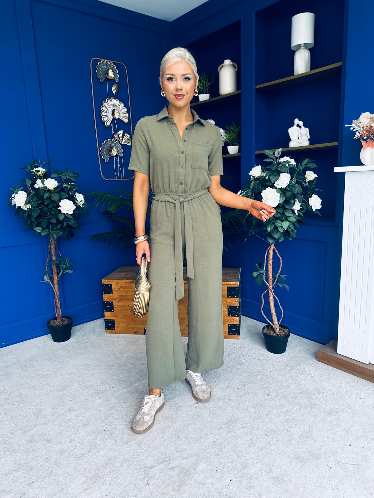 Daisy Short Sleeve Belted Jumpsuit Khaki