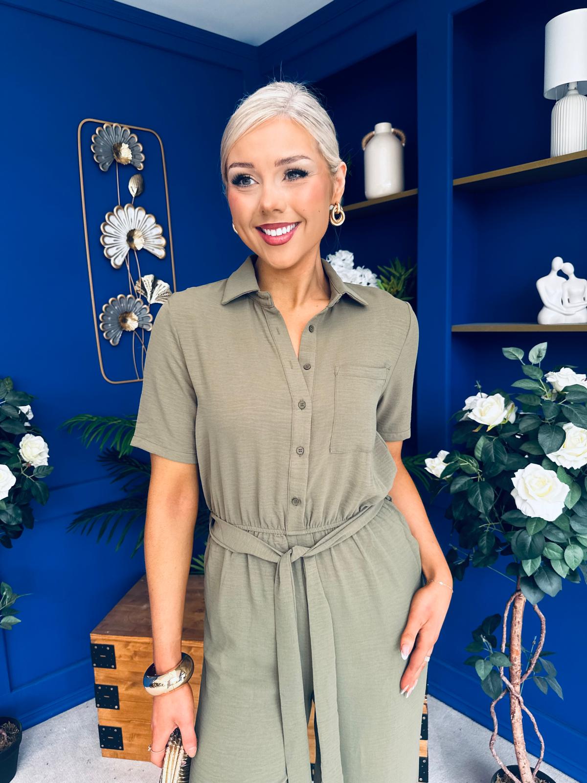 Daisy Short Sleeve Belted Jumpsuit Khaki