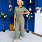 Daisy Short Sleeve Belted Jumpsuit Khaki