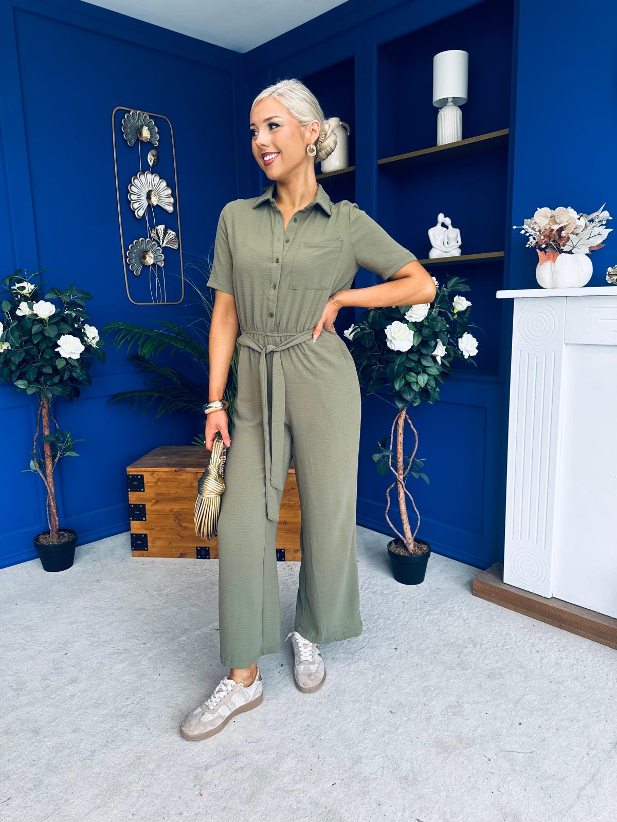 Daisy Short Sleeve Belted Jumpsuit Khaki