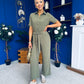 Daisy Short Sleeve Belted Jumpsuit Khaki