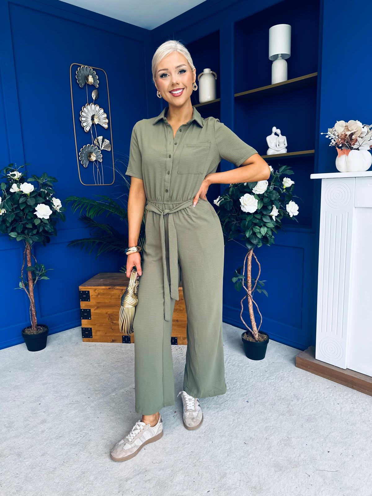 Daisy Short Sleeve Belted Jumpsuit Khaki