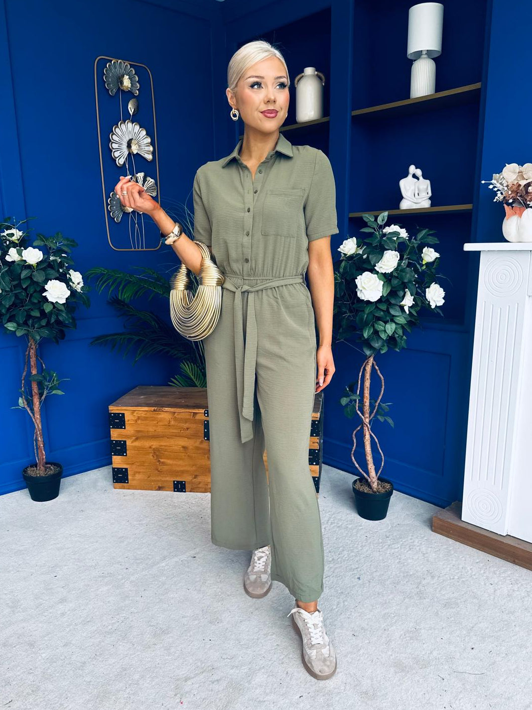 Daisy Short Sleeve Belted Jumpsuit Khaki
