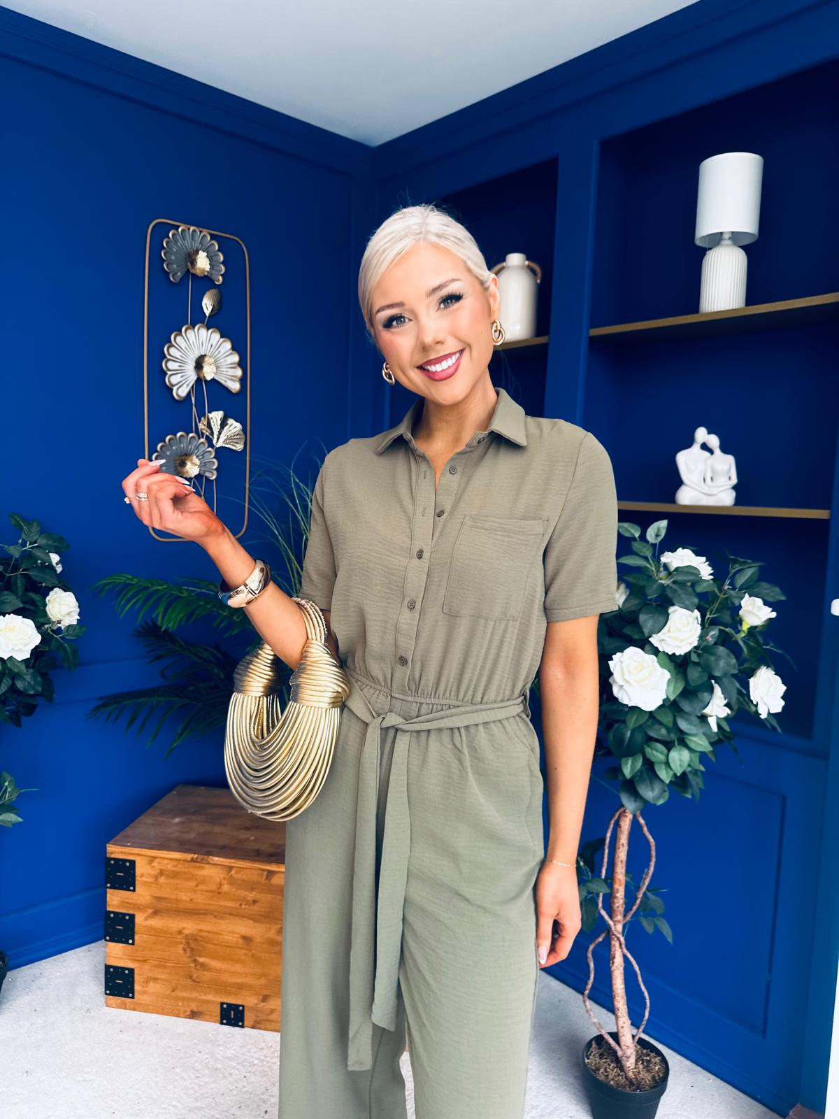 Daisy Short Sleeve Belted Jumpsuit Khaki