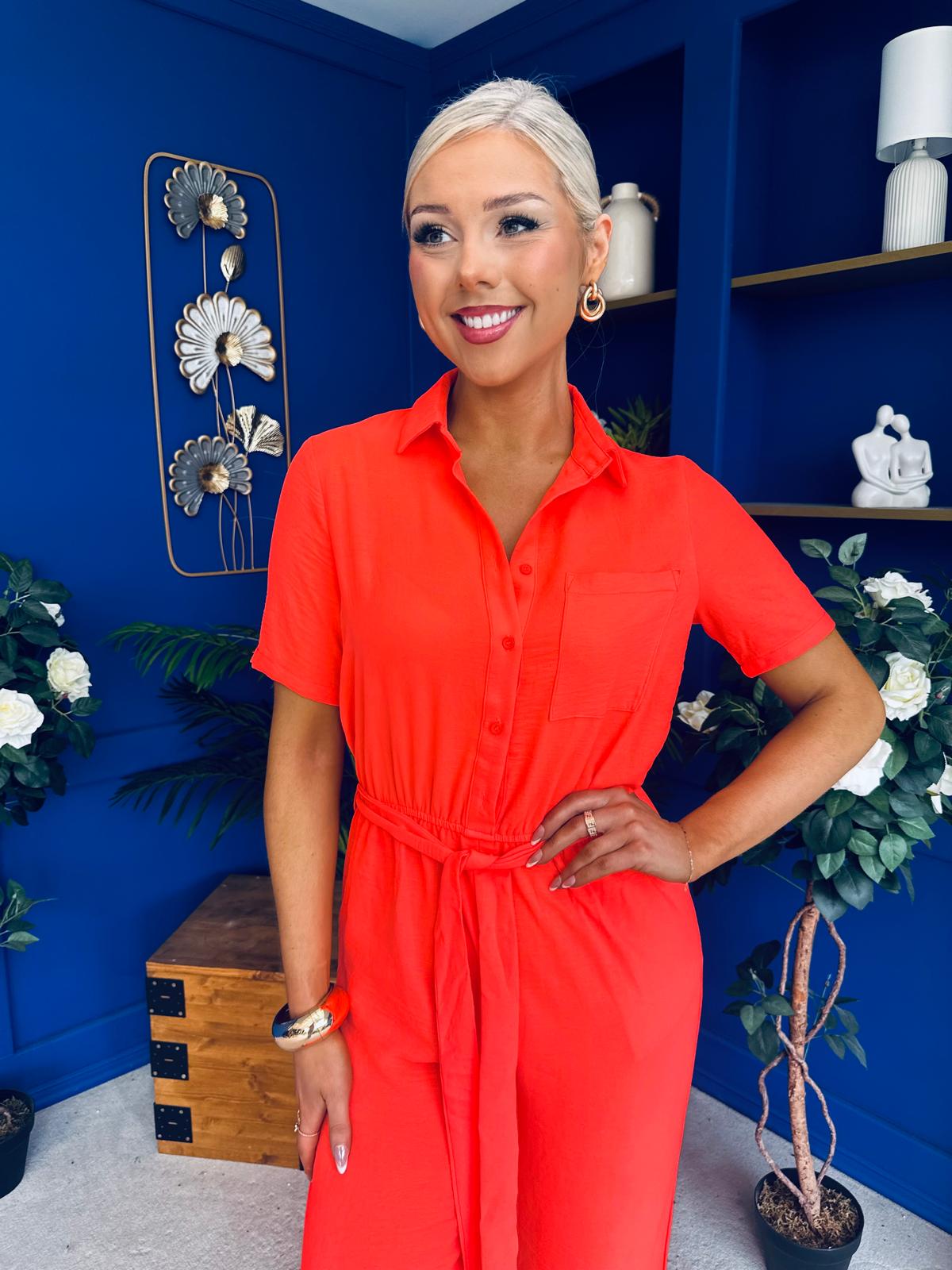 Daisy Short Sleeve Belted Jumpsuit Coral