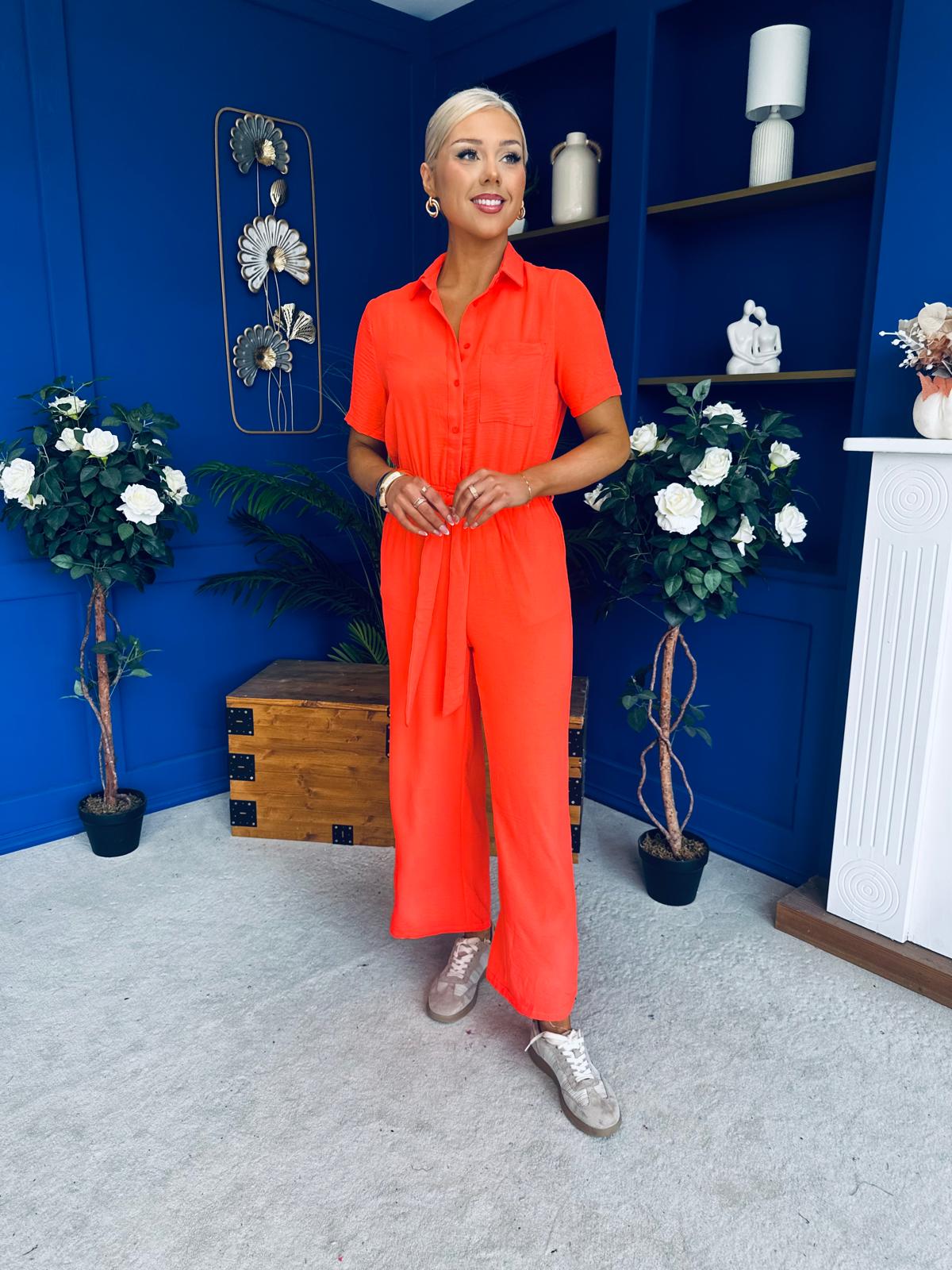 Daisy Short Sleeve Belted Jumpsuit Coral