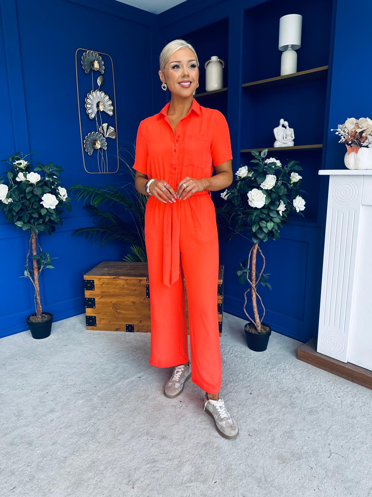 Daisy Short Sleeve Belted Jumpsuit Coral