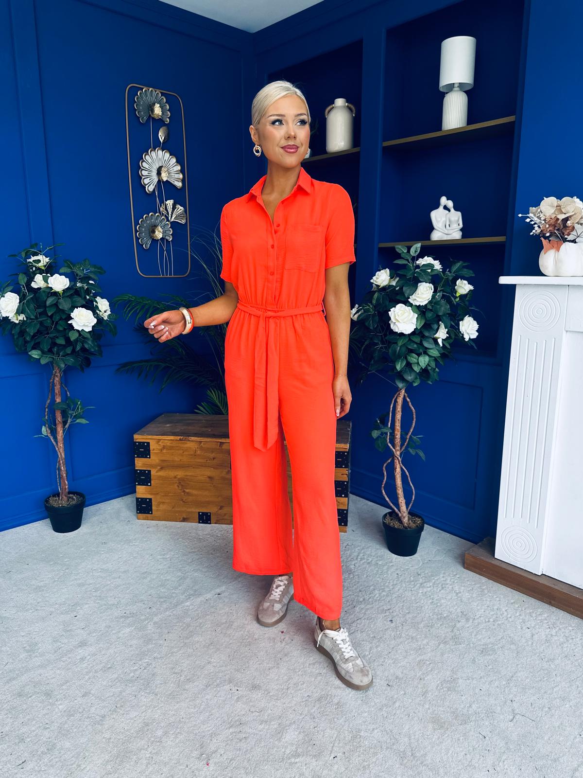 Daisy Short Sleeve Belted Jumpsuit Coral