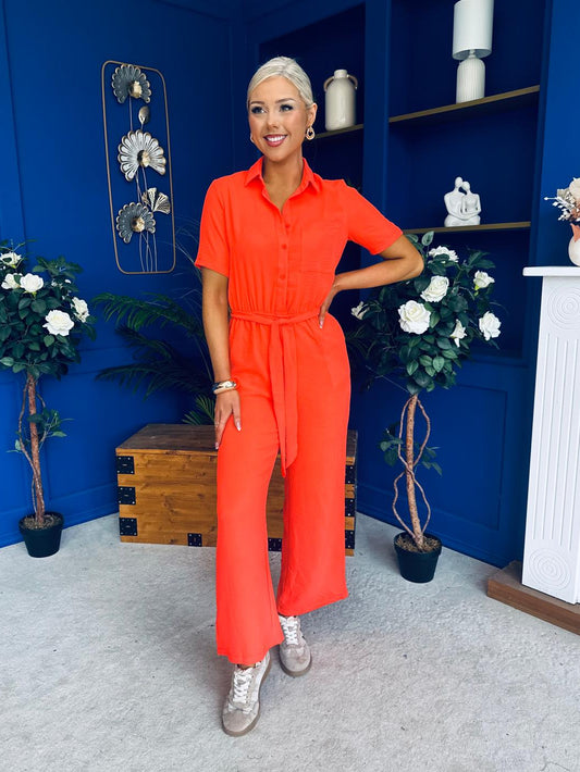 Daisy Short Sleeve Belted Jumpsuit Coral