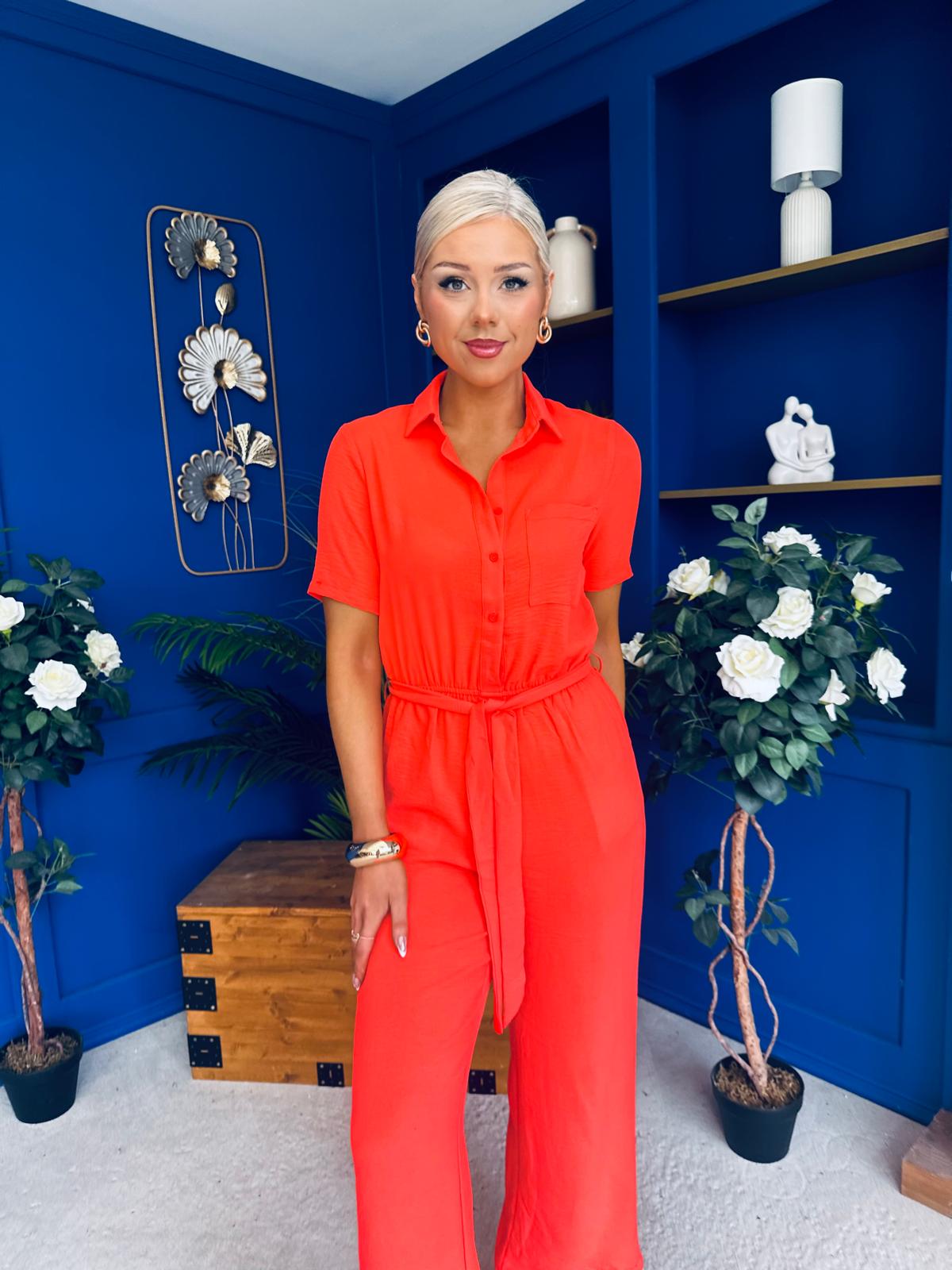 Daisy Short Sleeve Belted Jumpsuit Coral